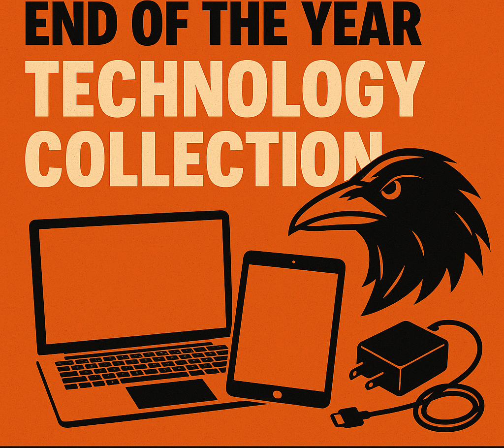  Orange poster featuring text: "End of the Year Technology Collection" with icons of a laptop, table